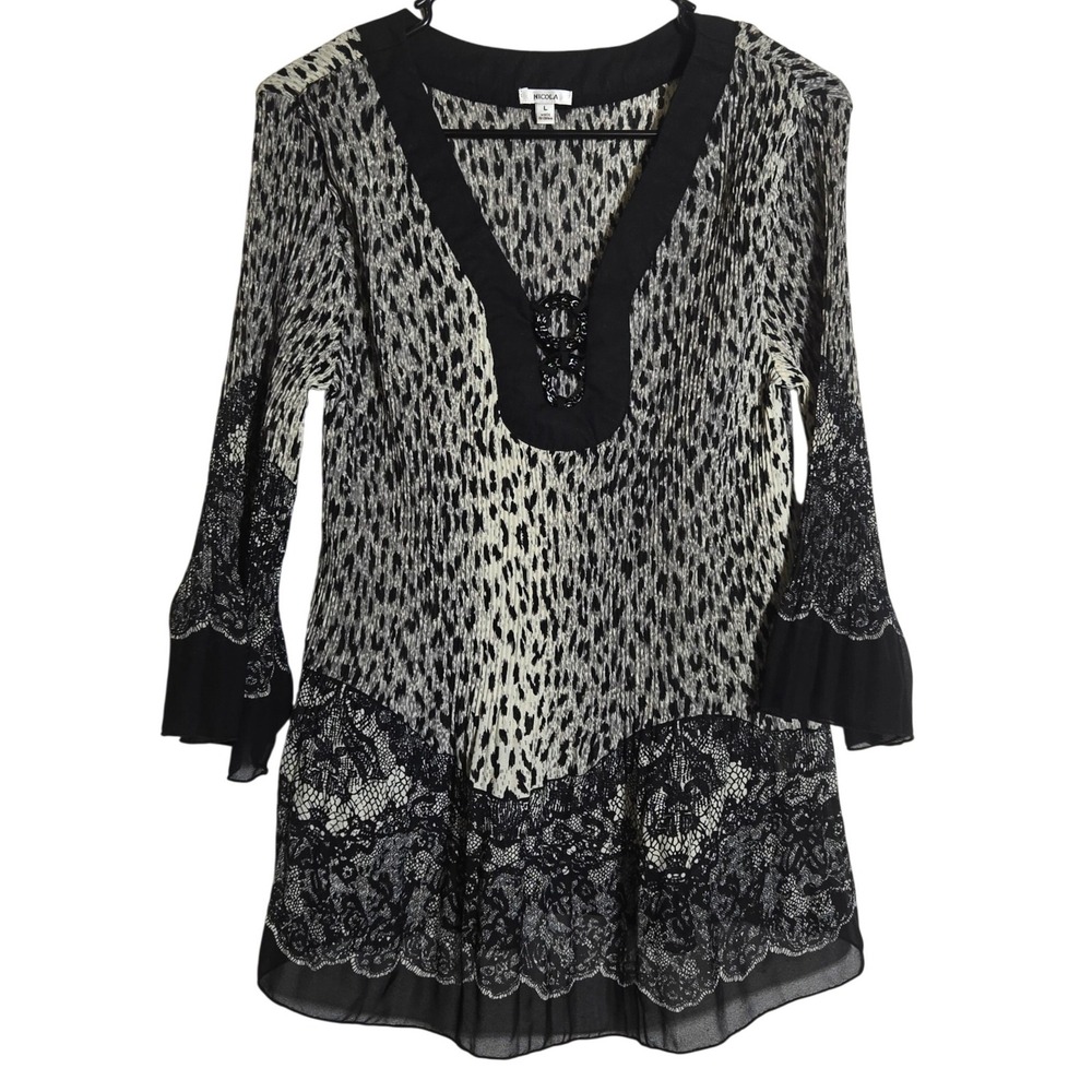 Nicola Leopard Print Pleated Bell Sleeve Top Large Boho Chic Mob Wife Whimsigoth